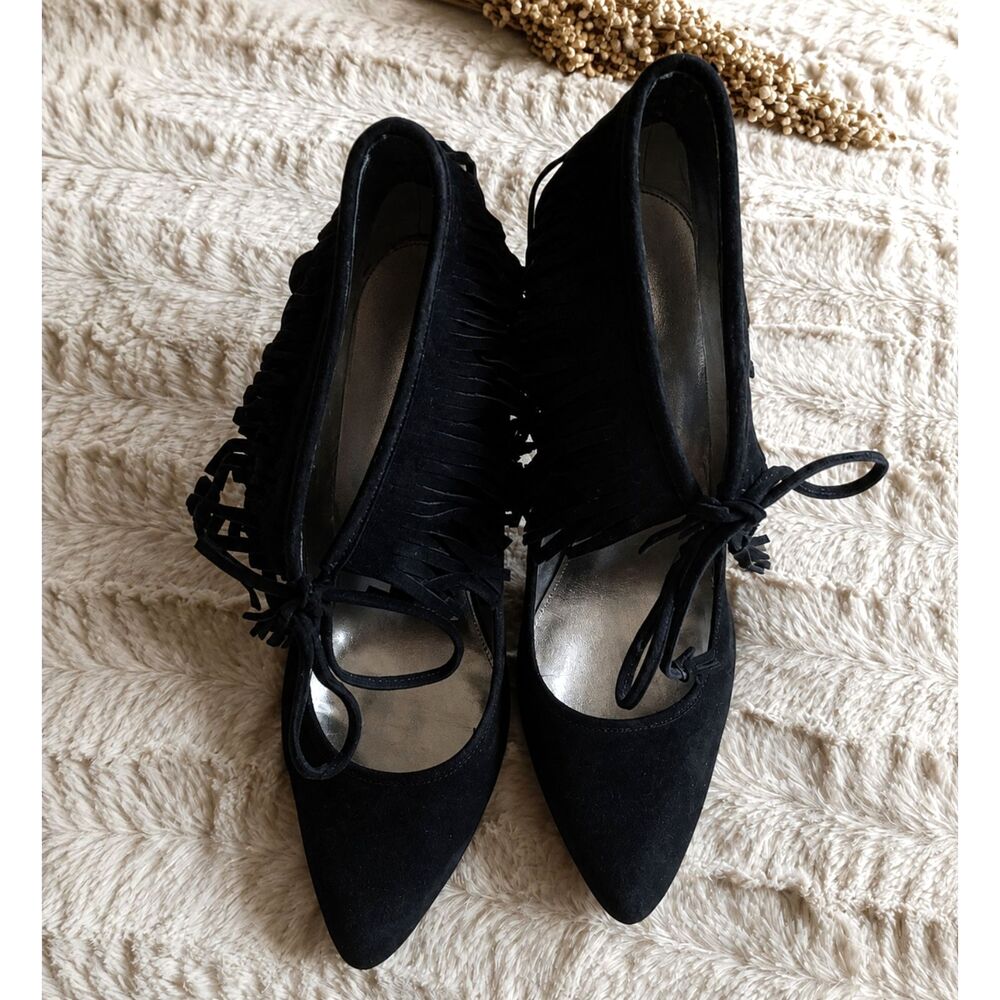 Calvin Klein Womens 9M Black Suede Fringe Stiletto Heels Lace Up Rock Chic